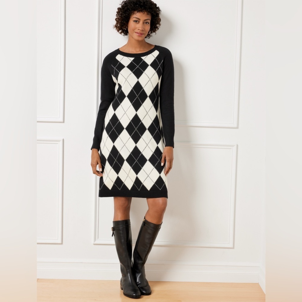 Talbots Sweater Dress Argyle Plaid Long Sleeve black White Academia Preppy LG